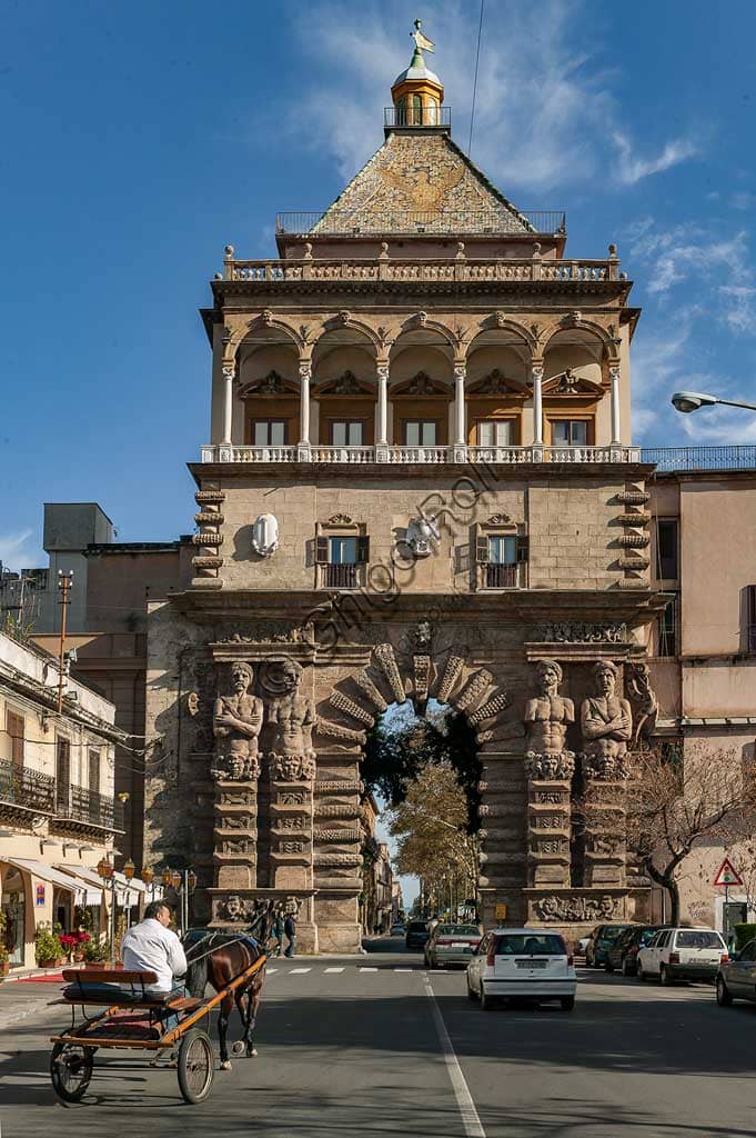 View of Porta Nuova in Palermo, a monumental Renaissance gate with sculptural decorations