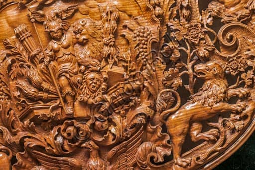 Close-up detail of the decorative wood carving on Domenico Galli's cello, 1691, Estense Gallery, Modena