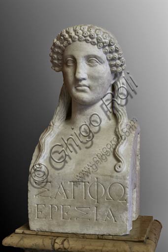 Sculptural bust of Sappho, Greek poetess, housed in the Capitoline Museums, Rome