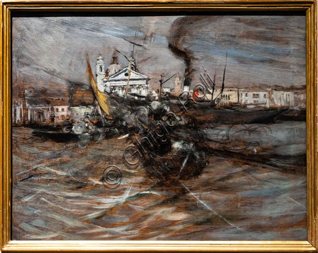 Painting 'Boats in Venice' by Giovanni Boldini, oil on panel from 1887 depicting boats in Venice