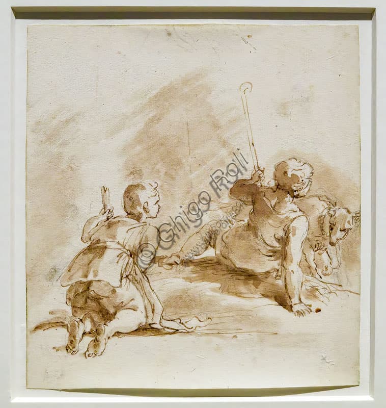 Baroque Drawing by Sebastiano Ricci: Two Youths with a Kid