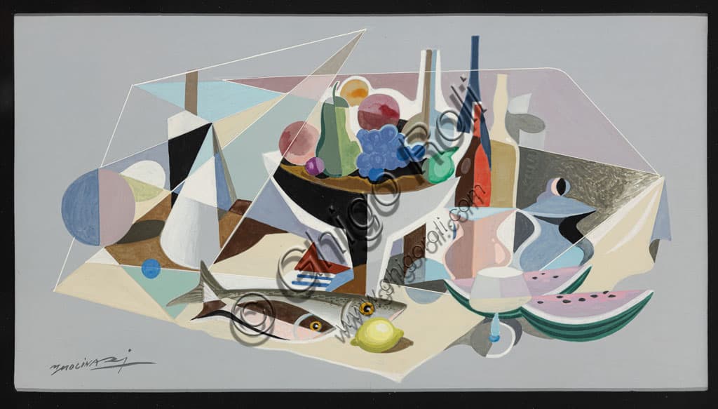 Mario Molinari: Composition with Fish and Fruit, tempera on paper
