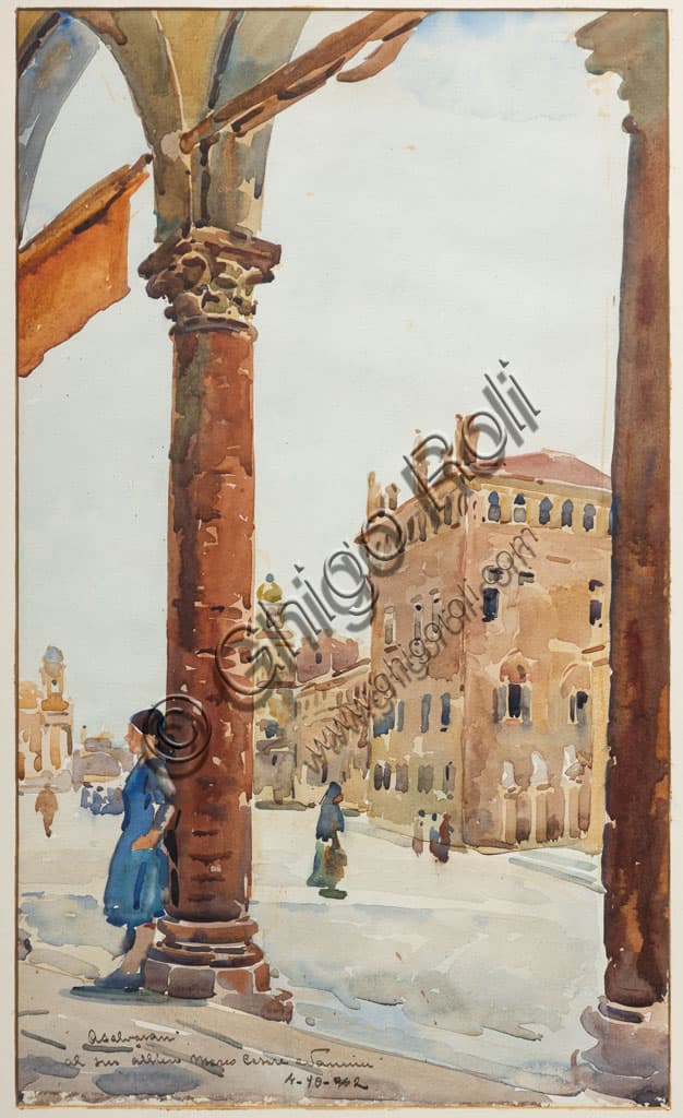 Arcangelo Salvarani: Square in Carpi, watercolour 45x25 cm