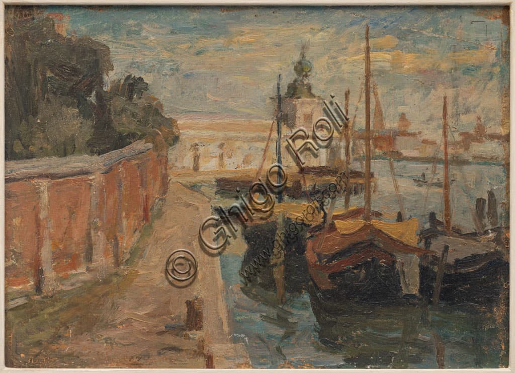 Leo Masinelli: ‘Canale a Venezia’, dipinto olio su cartone