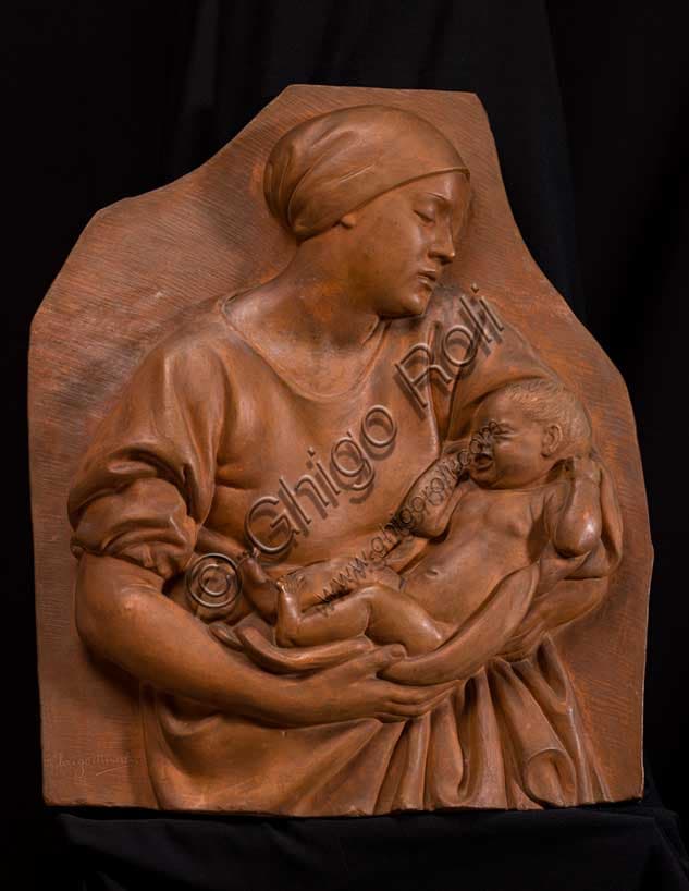 Maternity by Arrigo Minerbi: 1930 Terracotta Bas-Relief Sculpture