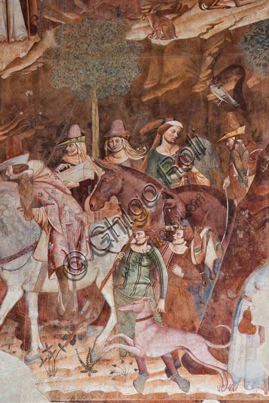 Trionfo della Morte: particolare con cavalieri e falconieri - Buffalmacco, Pisa