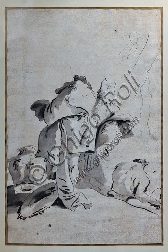 Tre figure con anfora e piatto: disegno barocco di Giambattista Tiepolo