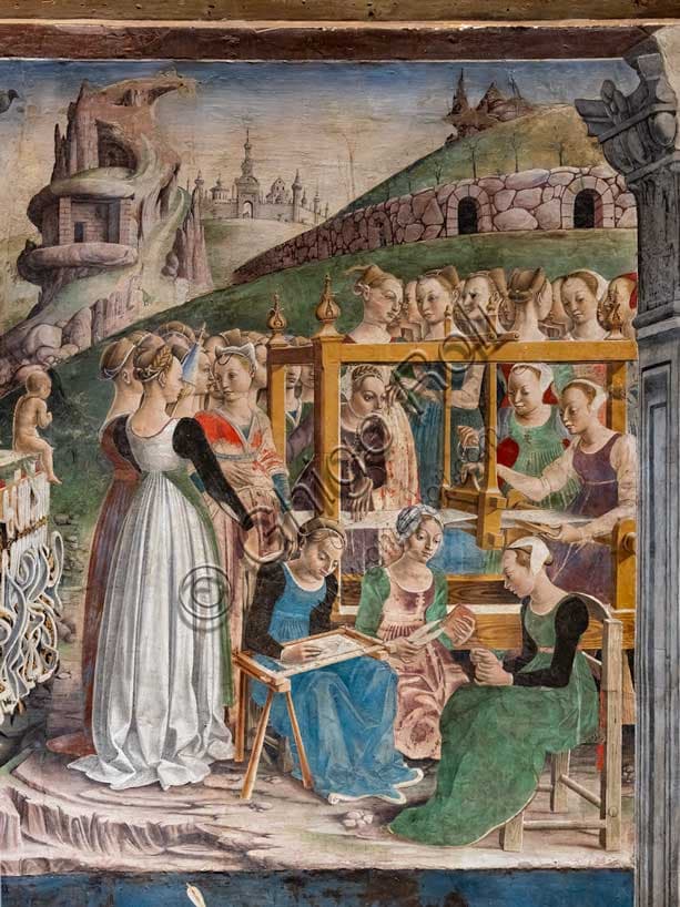 Donne tessitrici nel Trionfo di Minerva, affresco di Francesco del Cossa a Ferrara
