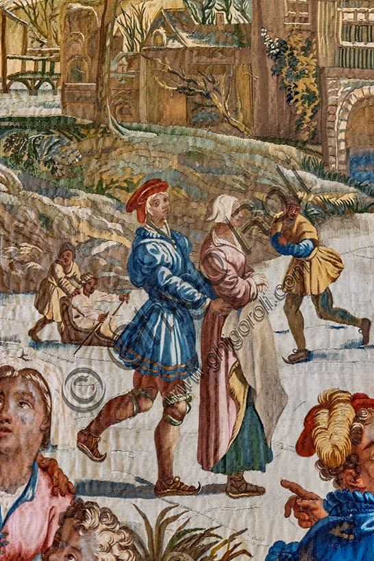L'arazzo di dicembre Gobelins a Villa del Principe, Genova: particolare con coppia