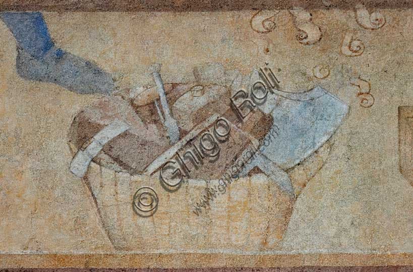 Affresco di Piero di Puccio: La costruzione dell’Arca con arnesi di falegname