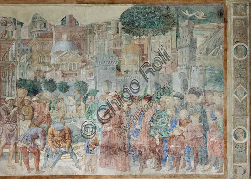 Particolare affresco Torre di Babele Benozzo Gozzoli, Camposanto monumentale Pisa, arte rinascimentale toscana