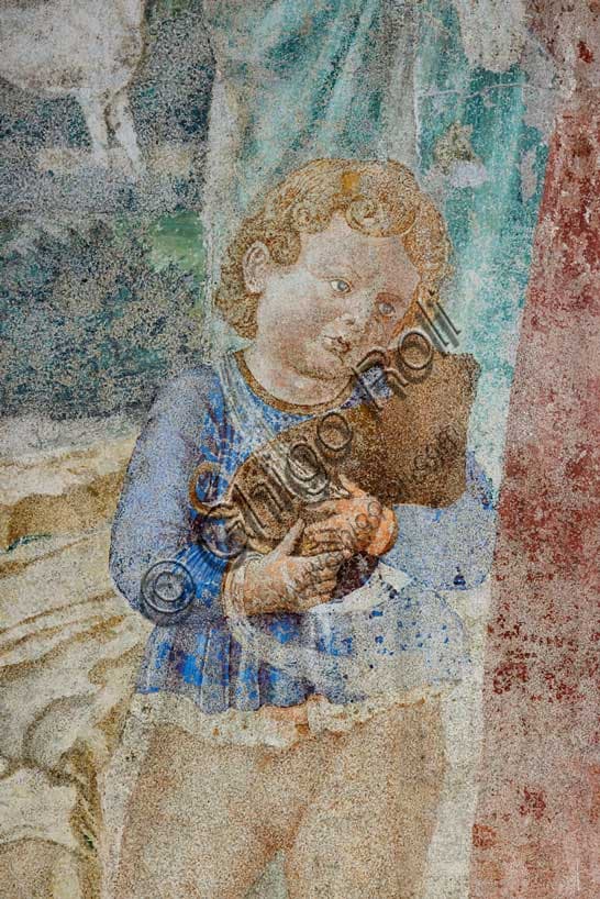 Dettaglio affresco Benozzo Gozzoli: bambino che porta un cagnolino, Torre di Babele, Camposanto Pisa