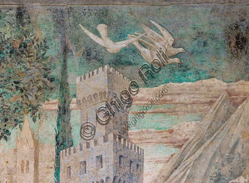 Particolare dell'affresco Torre di Babele di Benozzo Gozzoli, Pisa Camposanto, con albero e colombe