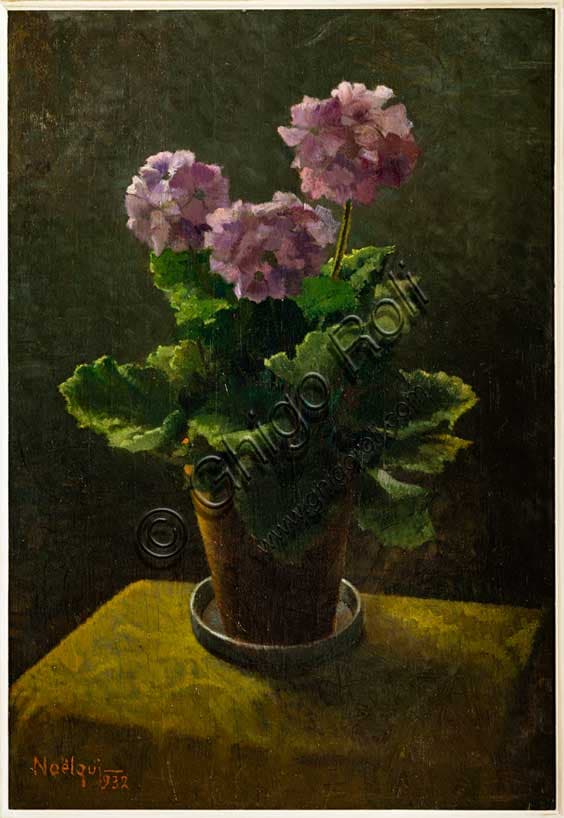 Noelqui Quintavalle - 'Primula viola in fiore', olio su tavola