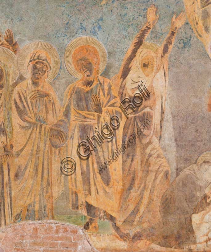 Crocifissione di Cimabue: particolare con Vergine, San Giovanni e Maddalena – Assisi