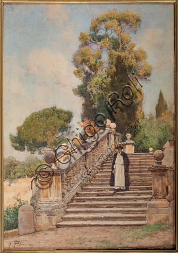 Acquerello In villa di Alberto Pisa, paesaggio italiano del 1800