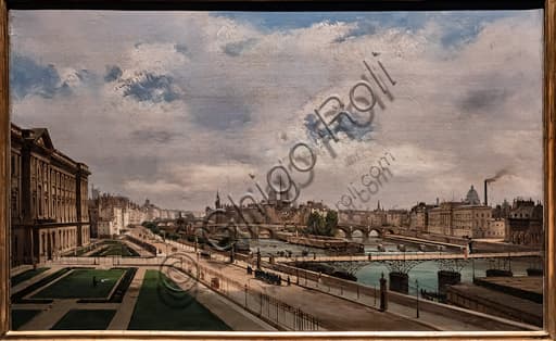 Veduta di Parigi dal Palazzo del Louvre, dipinto ad olio su cartoncino di Ippolito Caffi, 1855