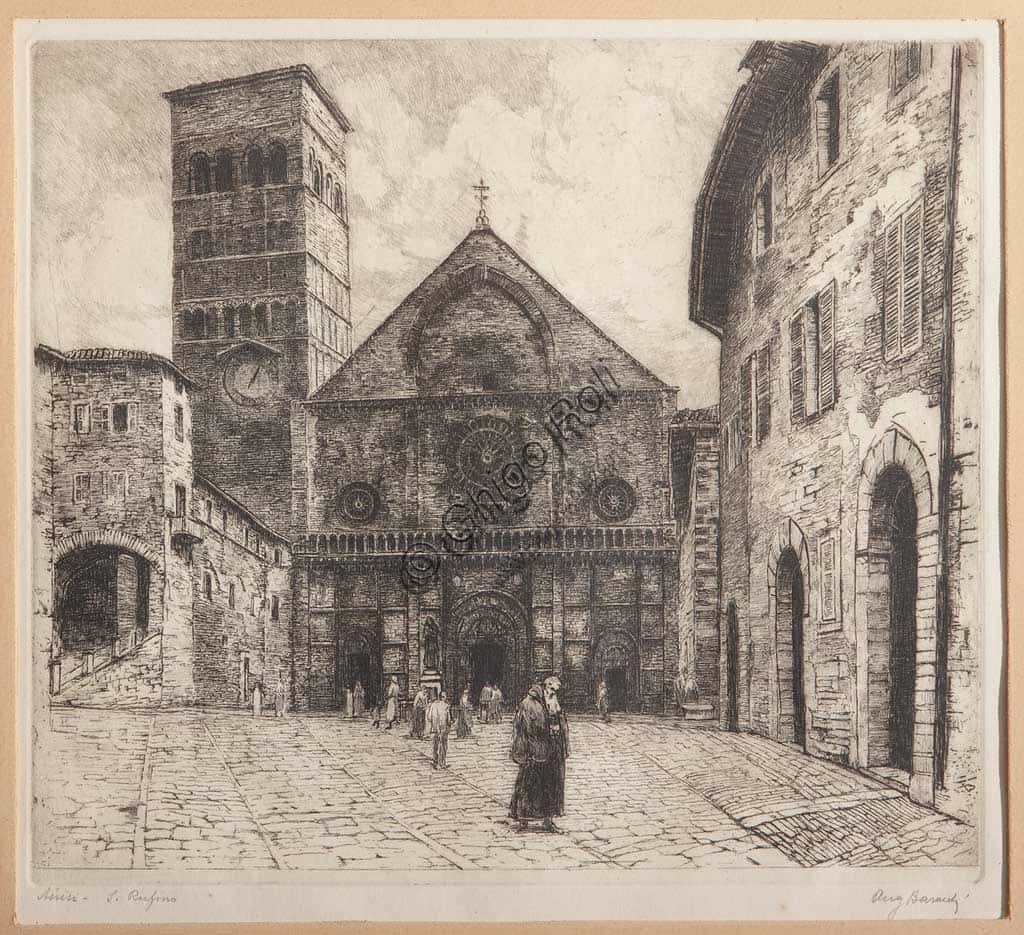 Etching of Assisi San Rufino Cathedral by Augusto Baracchi