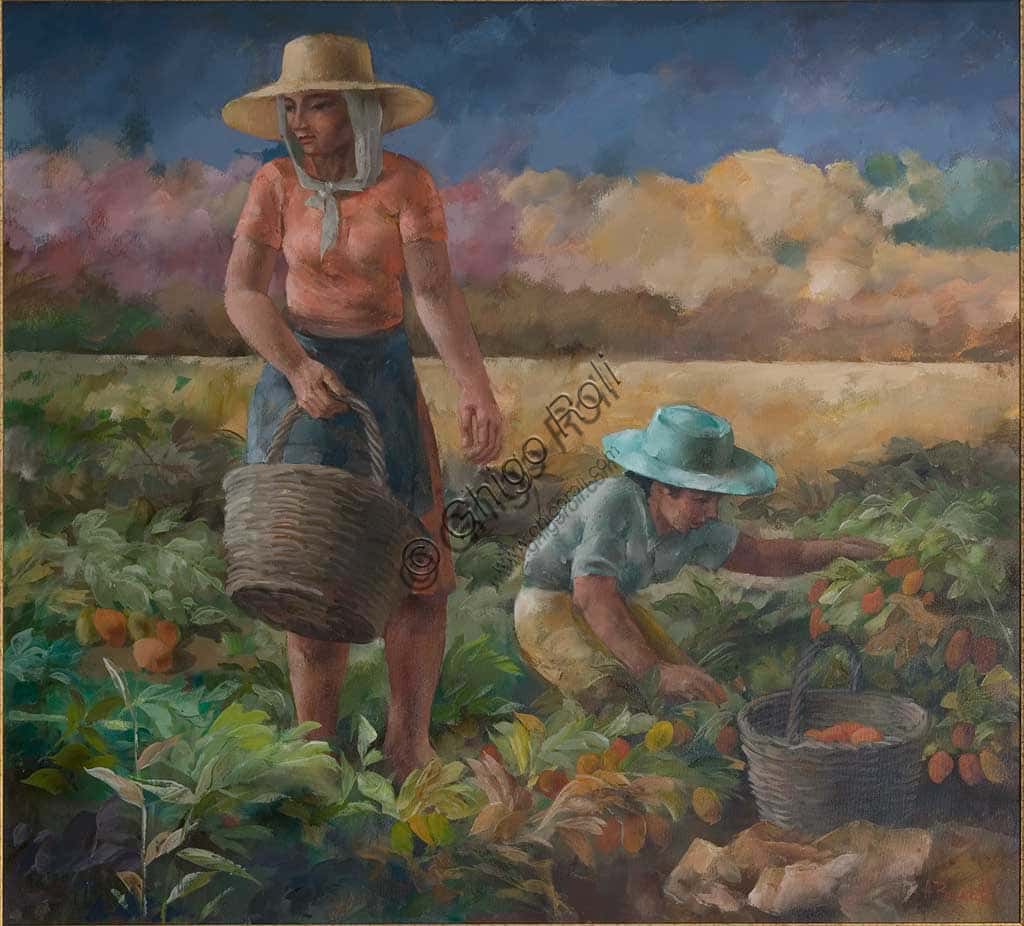 'Tomatoes Harvest': Oil Painting by Adriano Boccaletti | Assicoop-Unipol Collection
