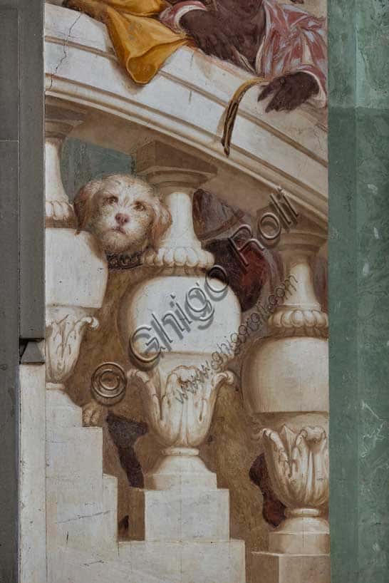 Affresco Fasti Medicei del Volterrano a Villa Petraia con cagnolino