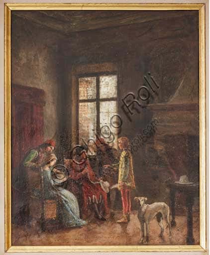 Dipinto 'Nicolò Biondo presenta la collezione di cappelli ad Alberto Pio' di Albano Lugli