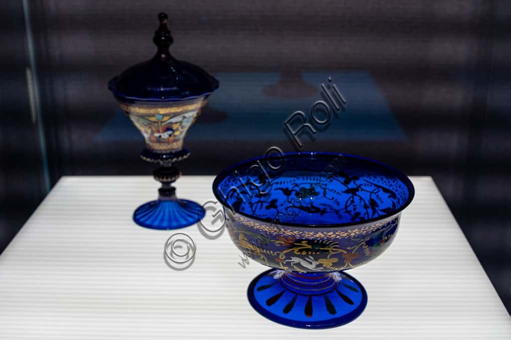 Venetian Glass Chalice: Blue Glass with Gold Leaf and Enamel, Early 16th Century