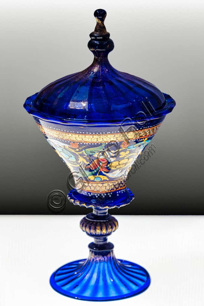 Venetian Covered Chalice, early 16th century: light blue glass with gold leaf