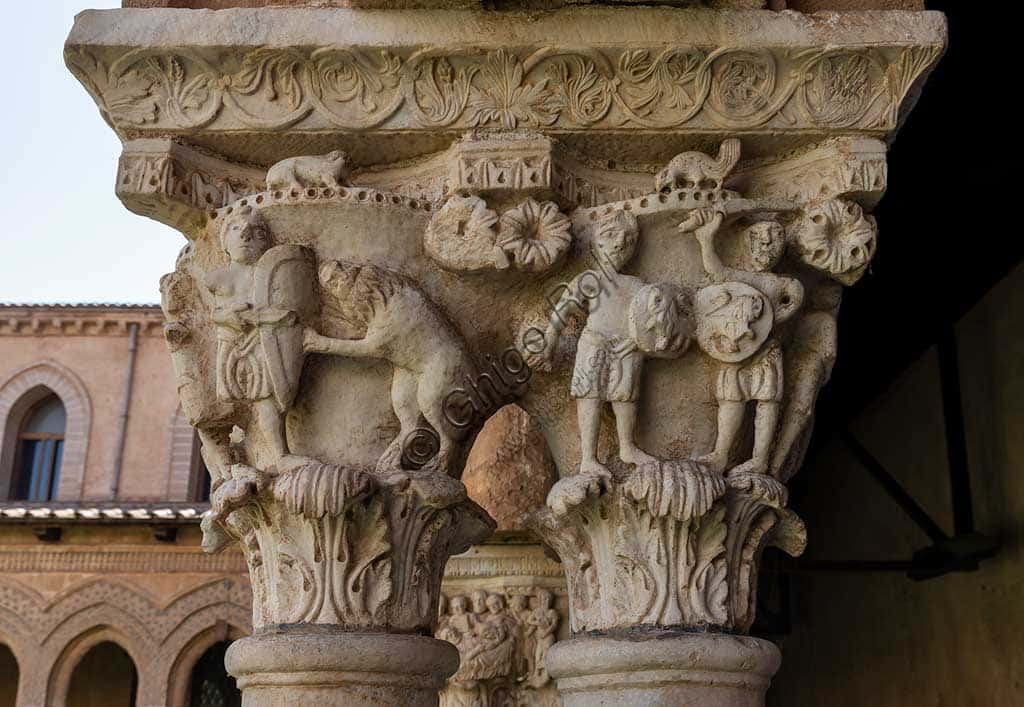 Capital N9, Monreale Cathedral Cloister: 12th-Century Soldiers & Lion Fight