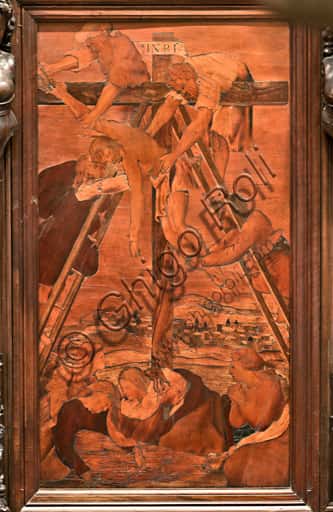 The Deposition Wood Intarsia by De' Pantaleoni in Genoa Cathedral