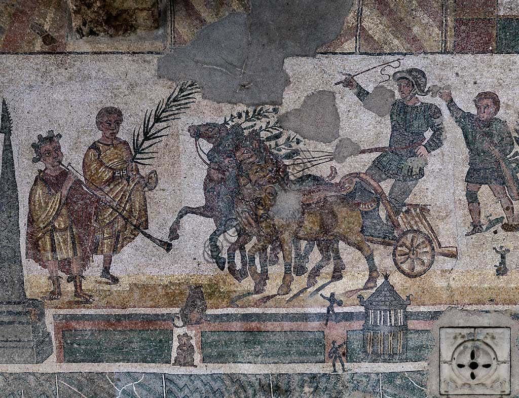Circus Mosaic at Roman Villa of Casale: Quadriga Race Detail