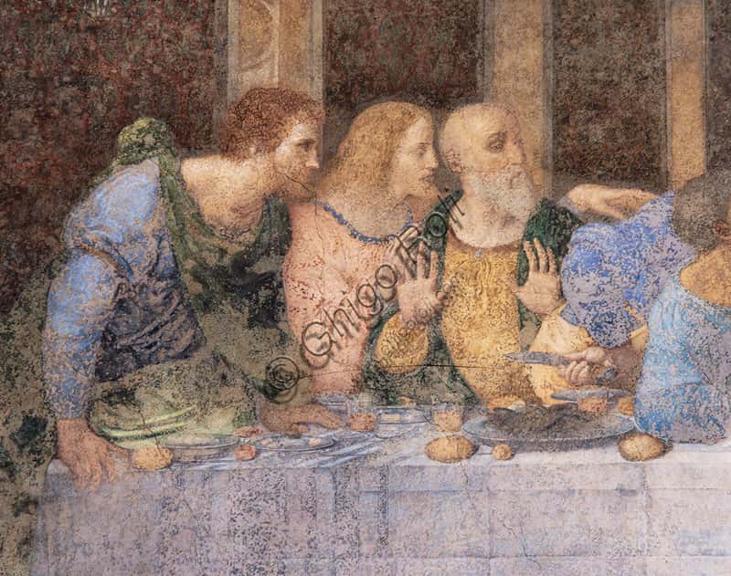 The Last Supper by Leonardo: left-side detail with Bartholomew, Andrew, and James