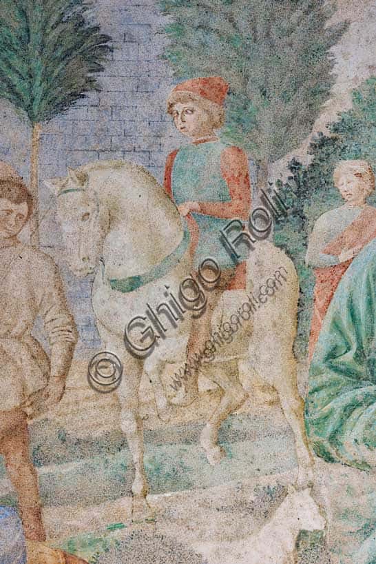 Affresco della Torre di Babele a Pisa: Dettaglio uomo a cavallo e alberi