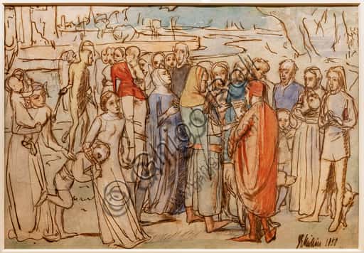 Drawing 'A Baron Numbering his Vassals' (1850) by John Everett Millais