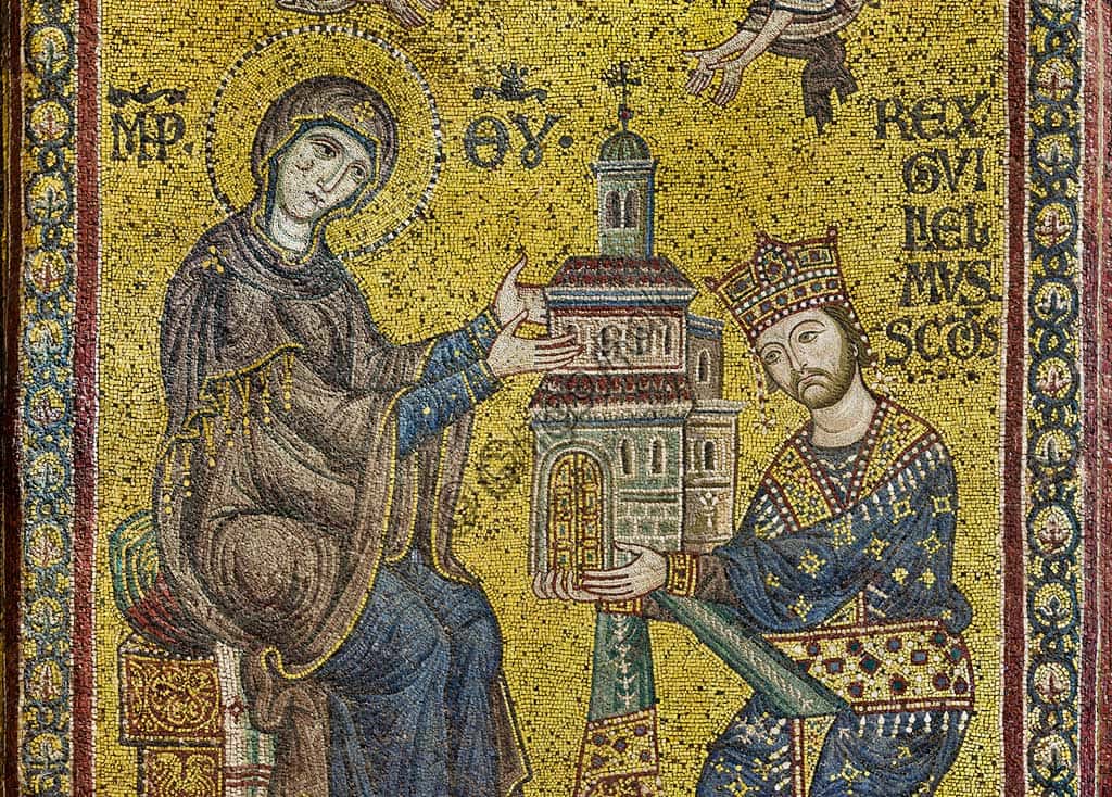 Byzantine Mosaic in Monreale Cathedral: King William II Offering to Mary