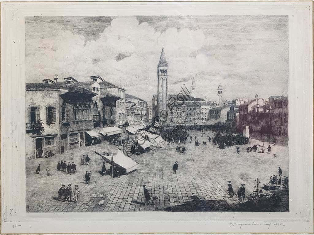 Square and Market, Original Engraving by Emanuele Brugnoli