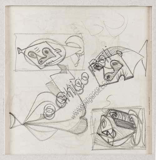 Enrico Prampolini: Studi di Teste - Disegno a Matita e Pastello su Carta