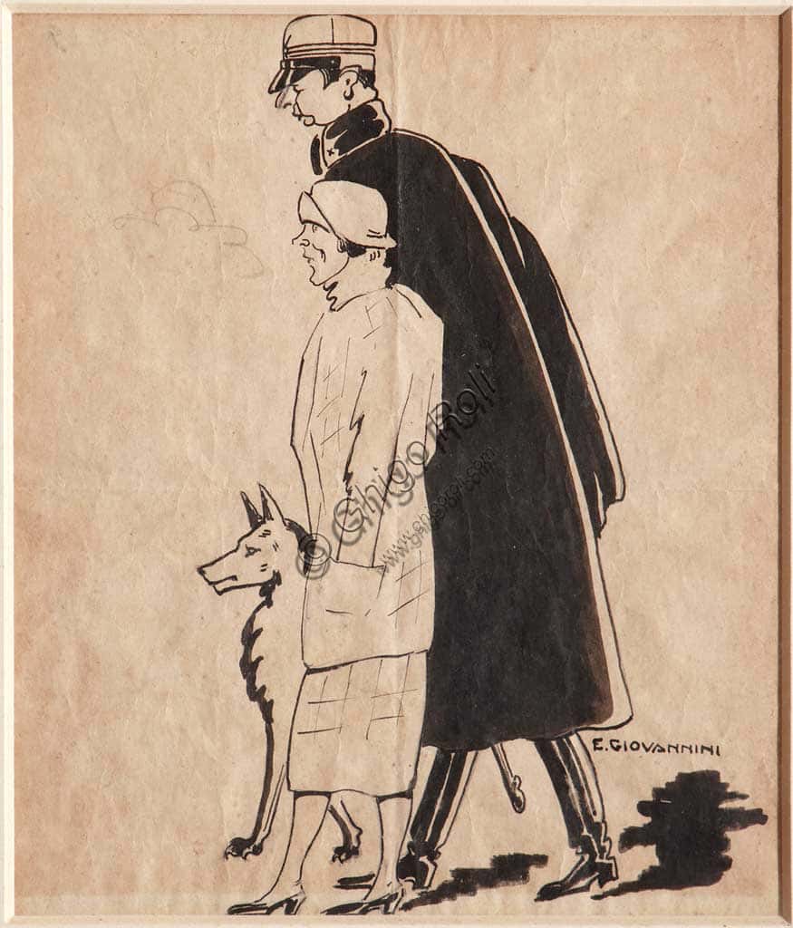 Ettore Giovannini: "Al Capitanoun" Black Ink Drawing on Paper