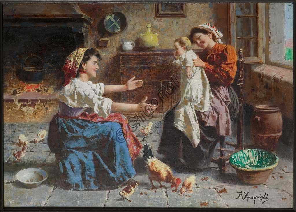 Two Women and a Baby: Oil on Canvas by Italian Painter Eugenio Zampighi