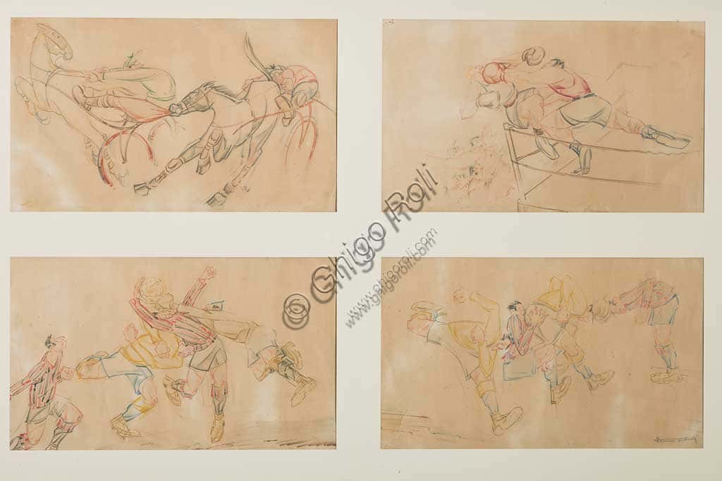 Quattro Caricature di Ferruccio Venturelli: Opera d'Arte Moderna