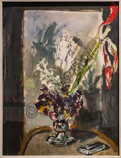 Still life with vase of flowers and canvas with a male nude by Filippo De Pisis