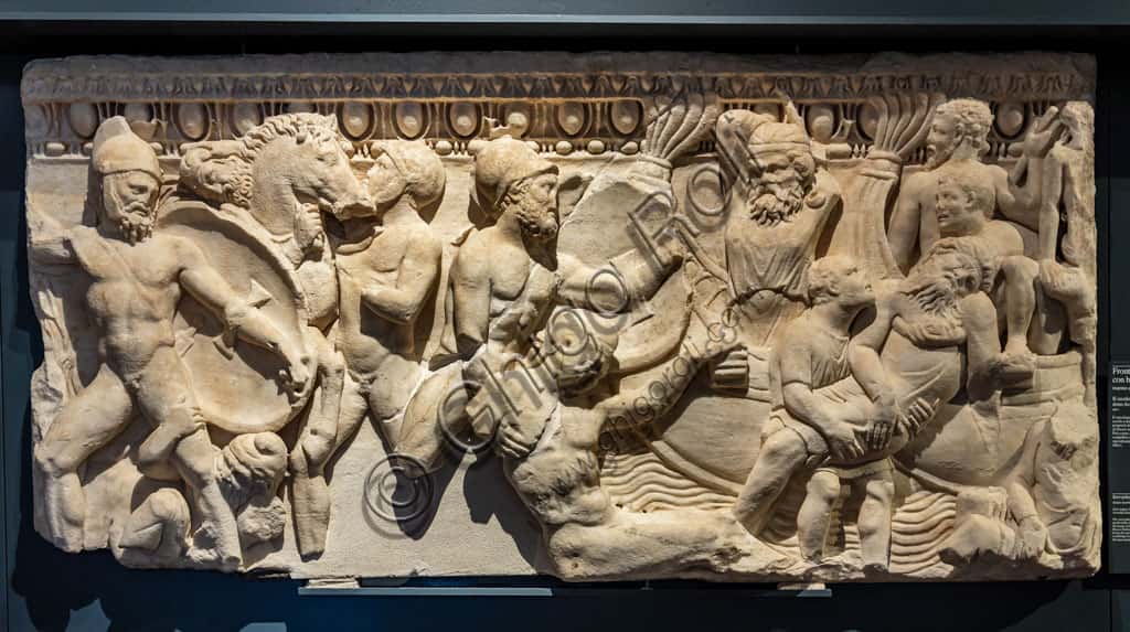 Roman Sarcophagus Front with Naval Battle in Brescia Museum