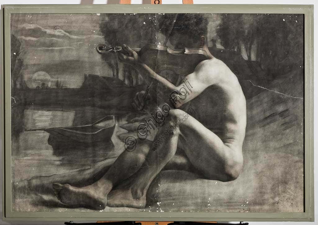 Gaetano Bellei: Figura Maschile Nudo, Studio a Carboncino (79x118 cm)