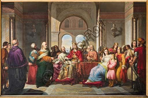Federico II riceve il libro di Aristotele da Michele Scoto, quadro di Giacomo Conti