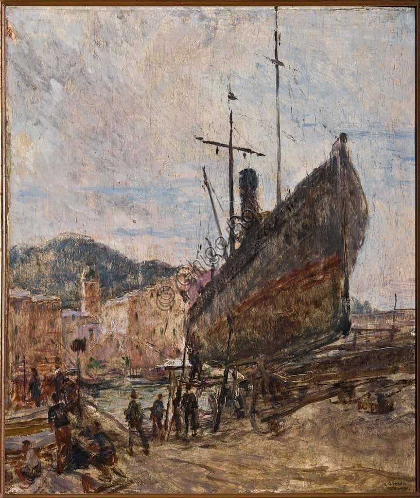 Porto con Barca di Giovanni Forghieri: Dipinto Olio su Tavoletta