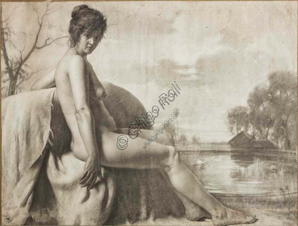 Disegno a Carboncino 'Nudo di Donna' di Giovanni Muzzioli (1854-1894)