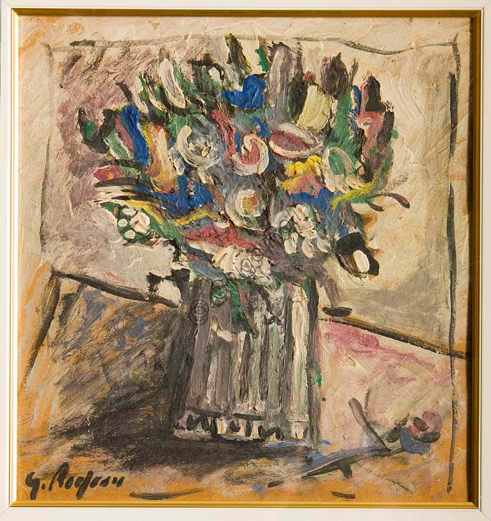Giulio Rasponi: Vase of Flowers - Oil on Plywood Still Life Painting