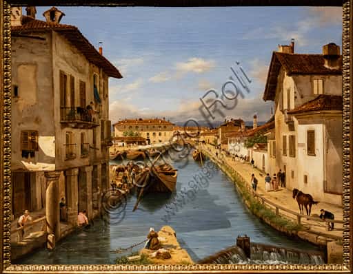 Veduta del canale Naviglio a Milano: dipinto di Giuseppe Canella (1850)
