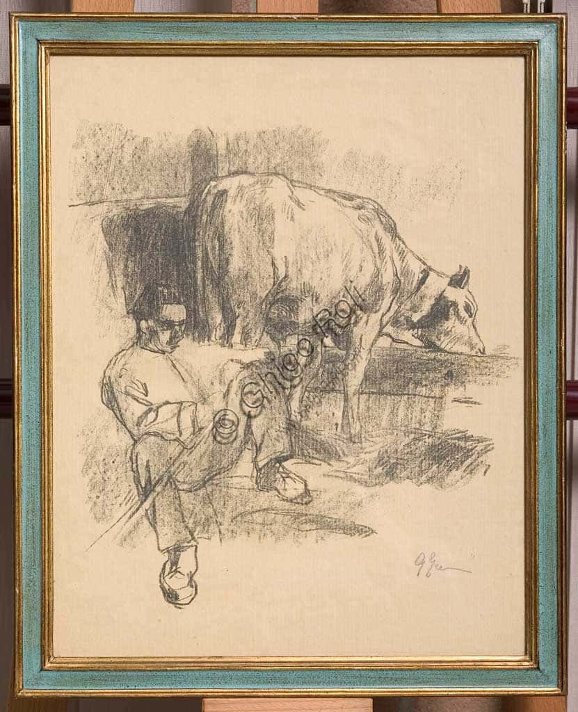 Lithograph 'Peasant sitting and a Cow' by Giuseppe Graziosi