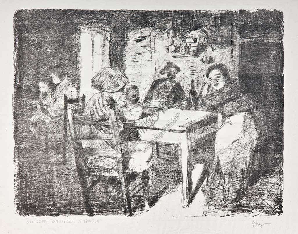 "A Family in the Kitchen": Lithograph by Giuseppe Graziosi (1879-1942)