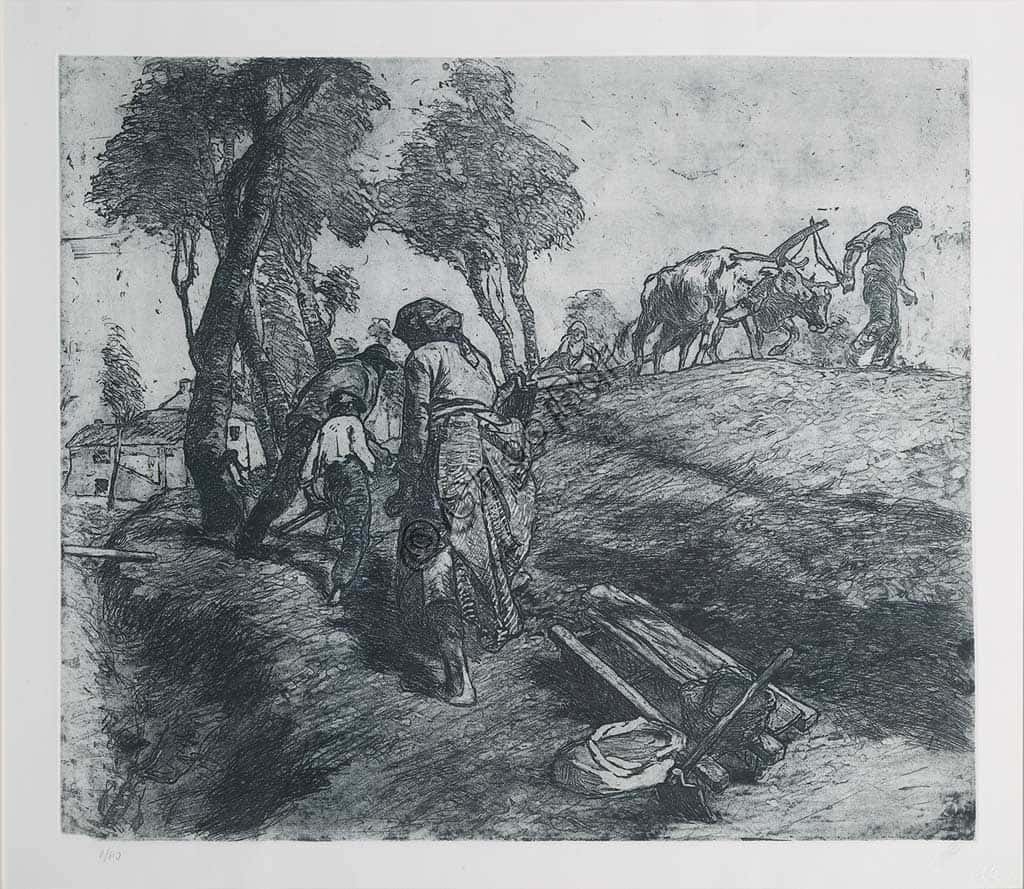 Giuseppe Graziosi, 'Working in the Fields': Etching and Aquatint Print